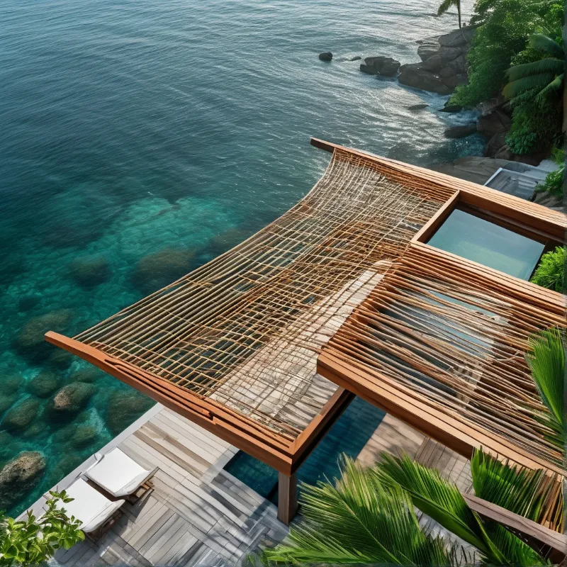 A slanted bamboo roof juts over a wooden deck above clear blue sea with rocks below and palm leaves nearby.