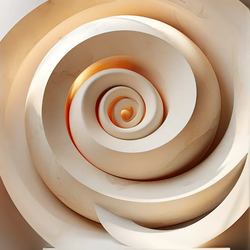 Concentric curved forms in cream and beige tones illuminated by soft amber highlights creating a smooth three-dimensional effect