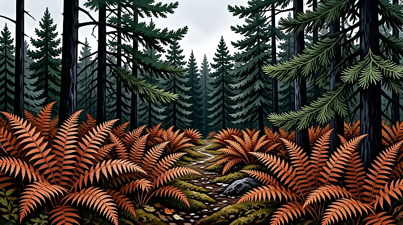 A narrow trail winds between towering dark green pine trees while bright orange ferns fill the forest floor under a dim sky.