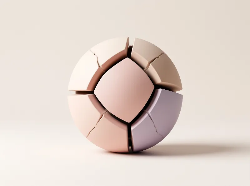 A three dimensional orb composed of interlocking pastel shards rests on a neutral beige backdrop under gentle illumination.