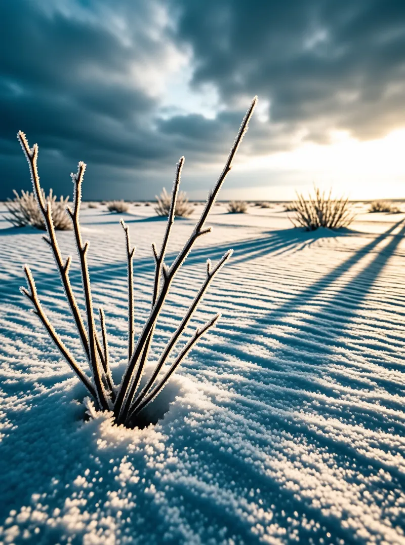 A single shrub encased in frost rises from a snowy plain under a dramatic sky with warm sunlight hitting the ice crystals.