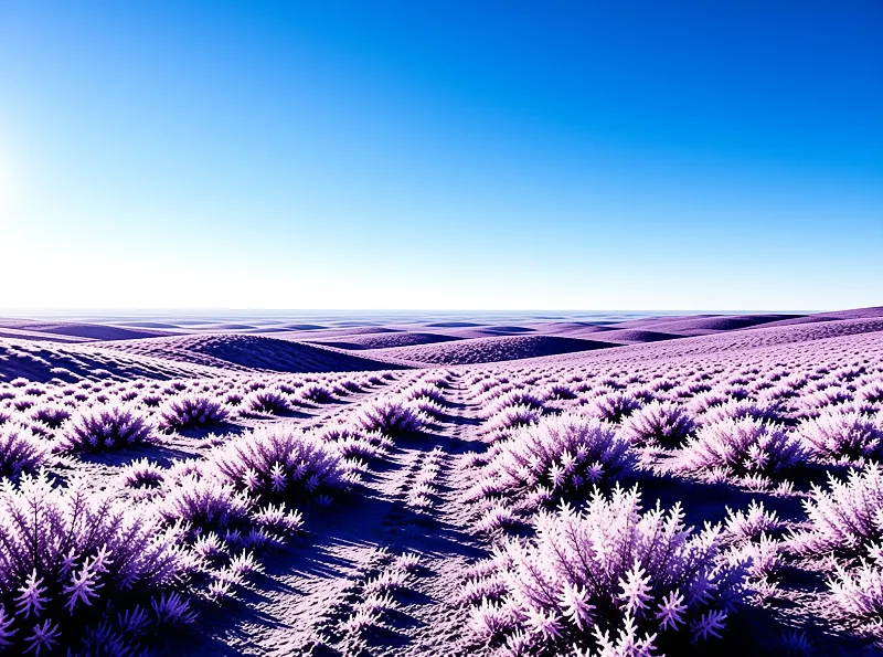 Rows of lilac-toned bushes dot a windswept desert floor that rises toward smooth dunes under a cloudless blue sky