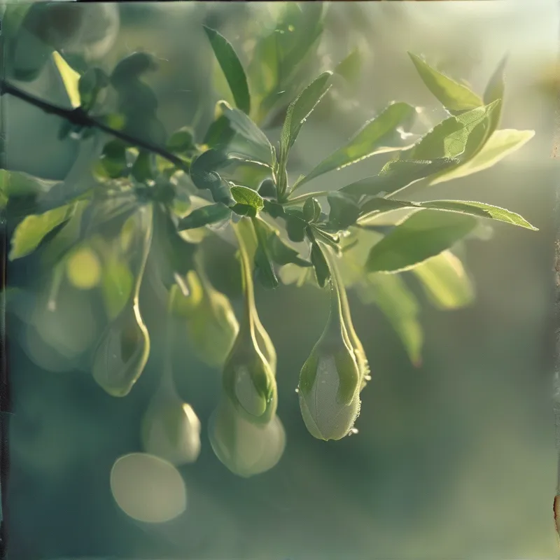 Several green flower buds hang from a leafy branch, illuminated by gentle morning sunlight that creates a soft glowing effect.