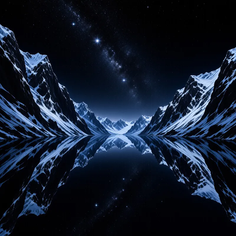 Snow covered peaks flank a calm body of water mirroring the dark galaxy and bright stars above in perfect symmetry