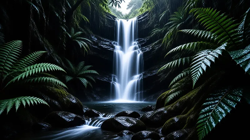 A smooth white stream flows down dark rocks surrounded by large green ferns and mysterious blue lighting in a secluded valley.