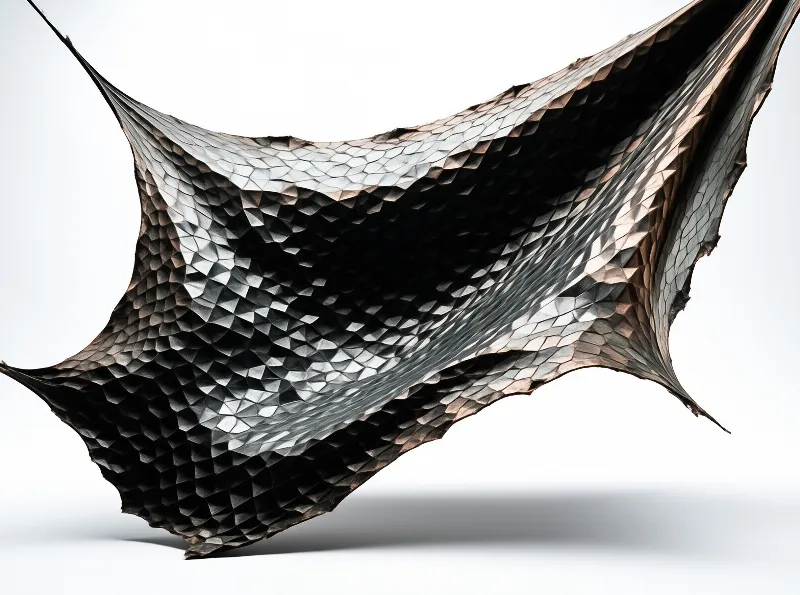 A curved sculptural sheet covered in overlapping triangular scales, floating against a bright white studio background
