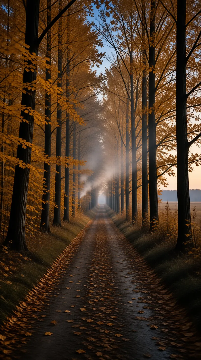 A quiet dirt road carpeted with fallen leaves runs between rows of amber trees dissolving into soft morning haze.