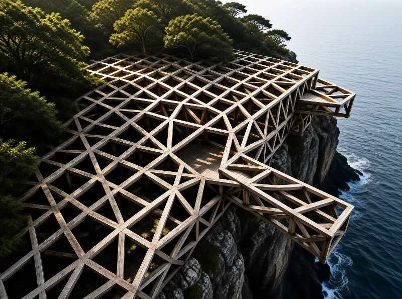 A geometric wooden lattice overhang projects from a forested rocky cliff, casting striped shadows on its inner walkway.