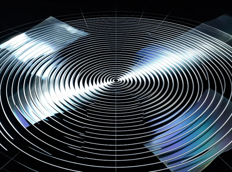 Countless thin metallic circles ripple outward from a bright center gleaming with cool highlights against deep black.