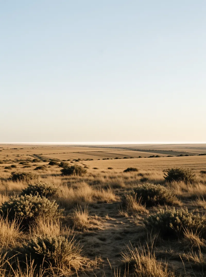 Dry grassland stretching toward the horizon with low shrubs scattered across the terrain in soft evening light.