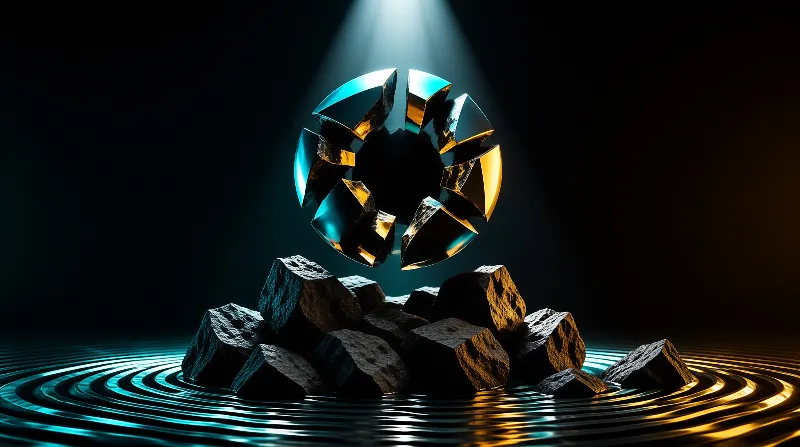 A fragmented metallic sphere hovers above a pile of dark rocks on a rippling water surface illuminated by a spotlight.