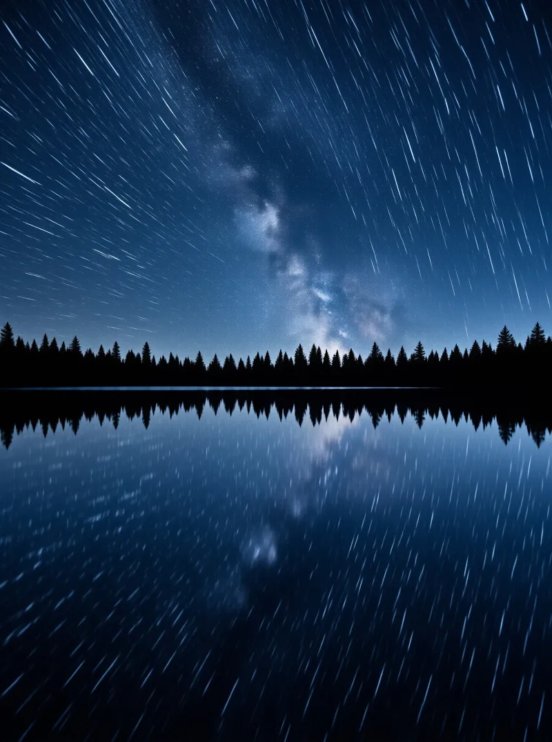Star trails and the Milky Way arch over a dark forest silhouette reflected in a calm blue lake.