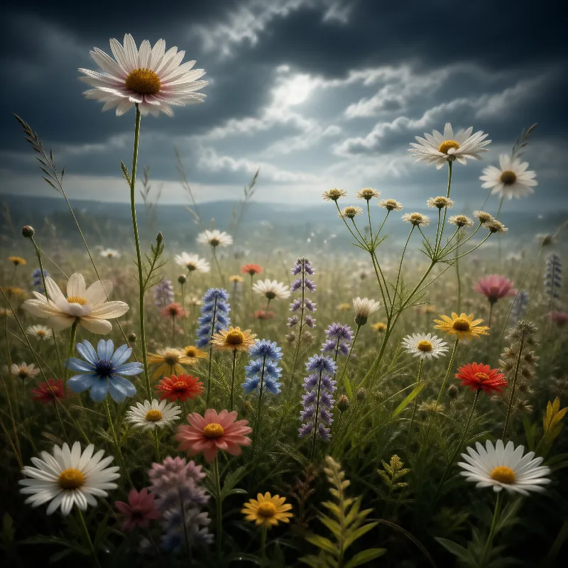Wildflower Meadow Under Storm Landscape
