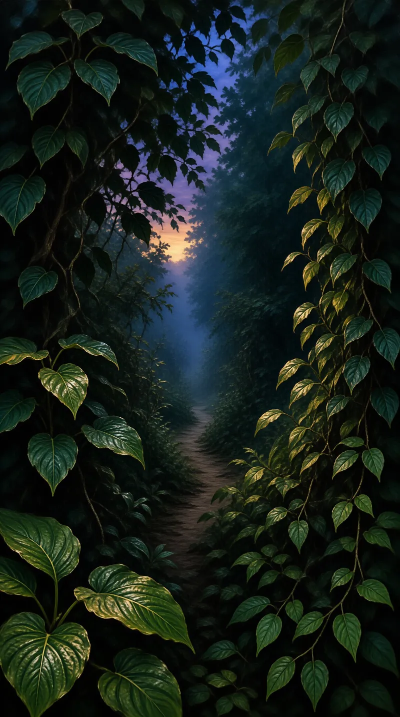 A narrow dirt trail winds through thick green foliage toward a purple and orange sky at dusk