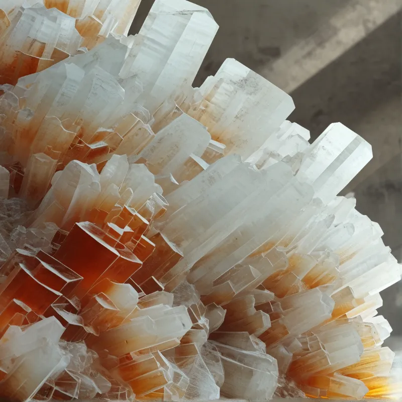 Amber and white crystalline formations with sharp facets illuminated by directional light against a blurred background