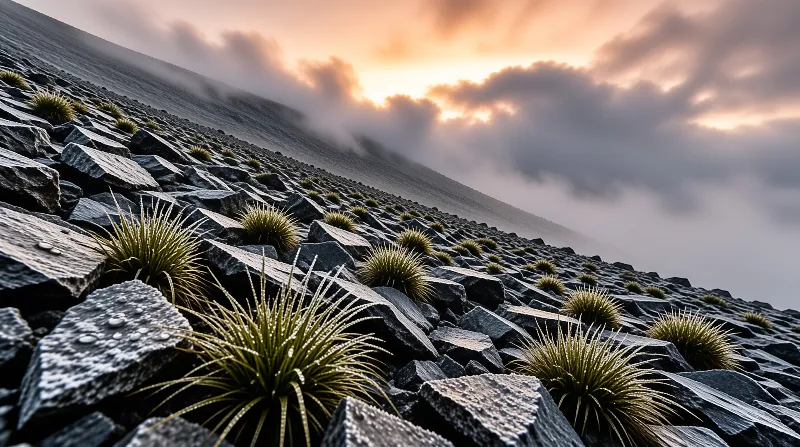 Steep slope of dark rocks and green grass tufts rises toward misty clouds and warm orange sunset light.