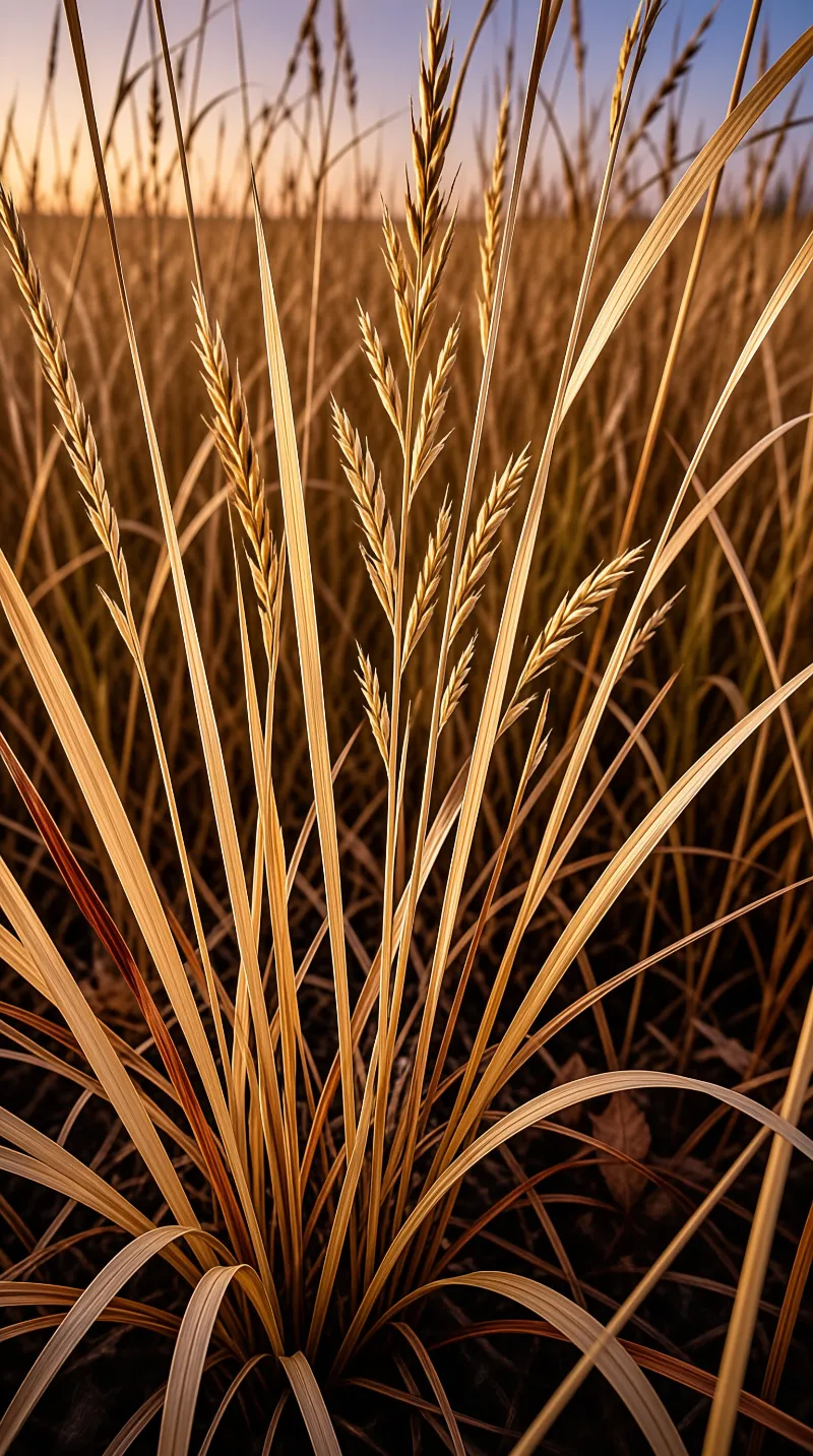 Dry golden wheat stalks reach upward across a field landscape bathed in soft warm orange sunset light.