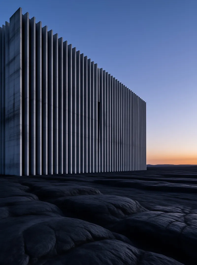 Vertical concrete fins rise from a dark rocky desert under a twilight sky with an orange horizon glow.