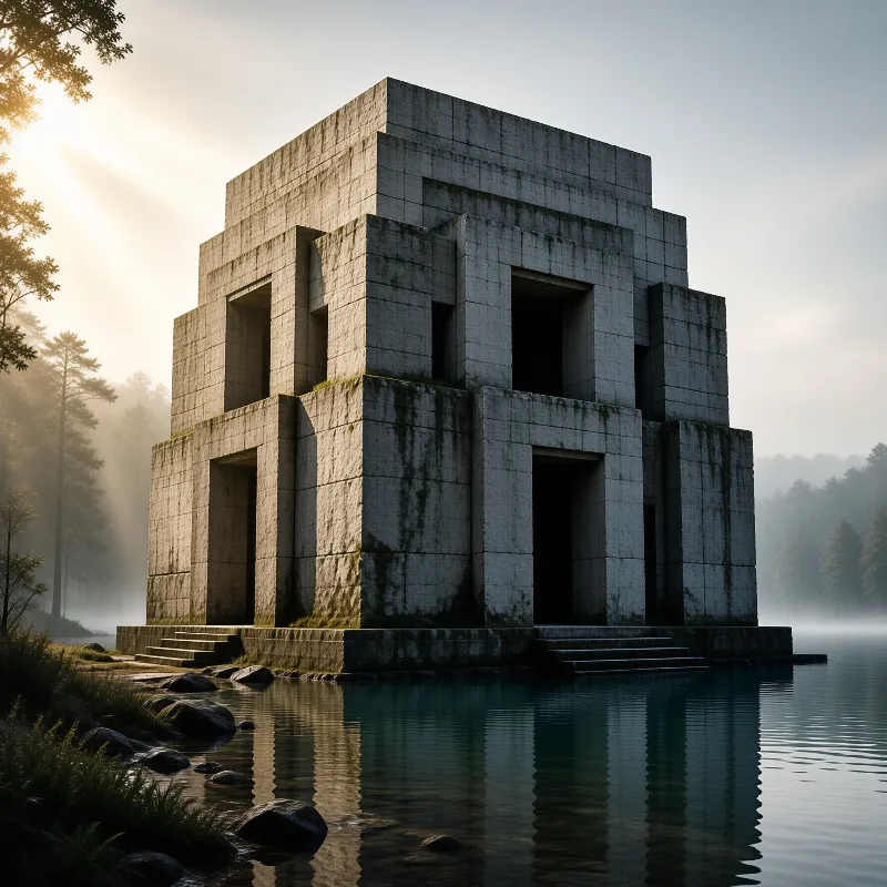 Geometric stone structure sits at the water's edge surrounded by misty forest and soft morning light.