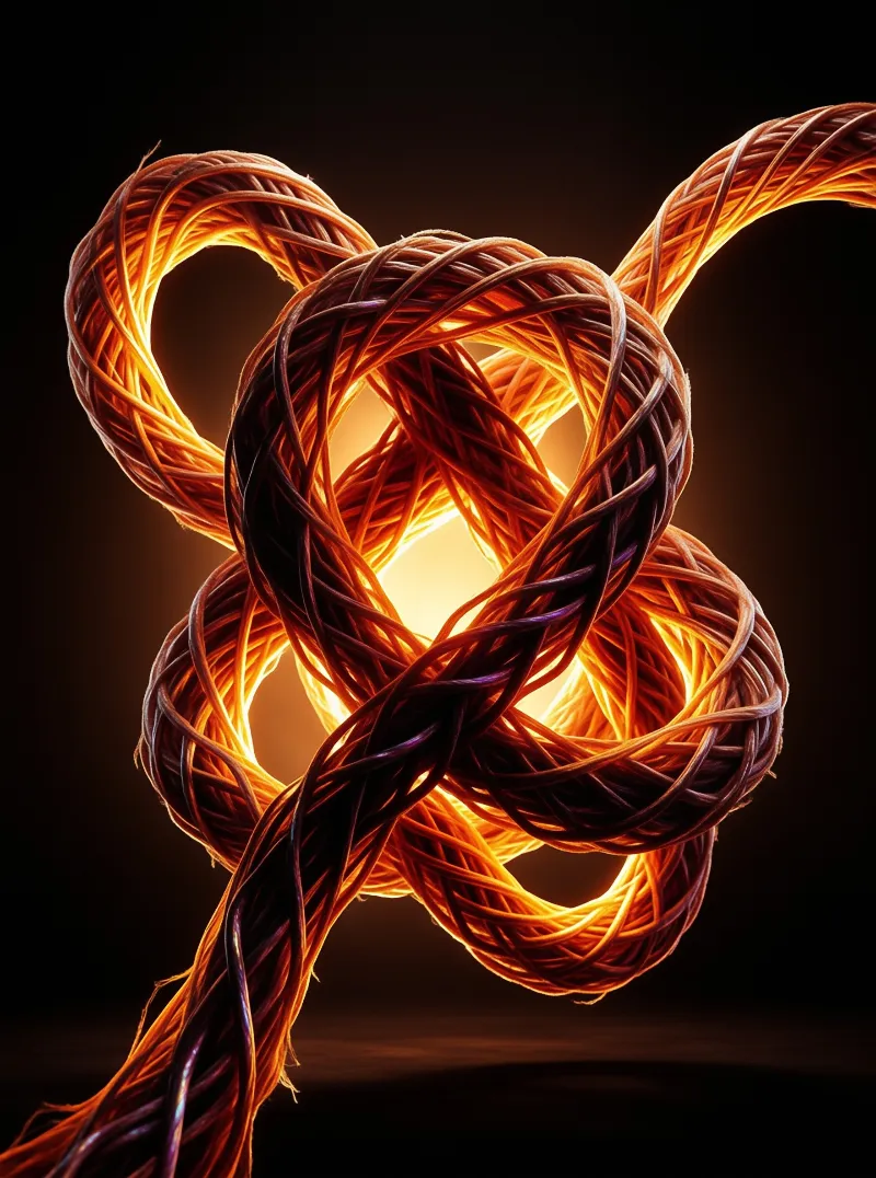 Twisted copper-colored strands form a complex knot emitting warm orange light against a dark background.