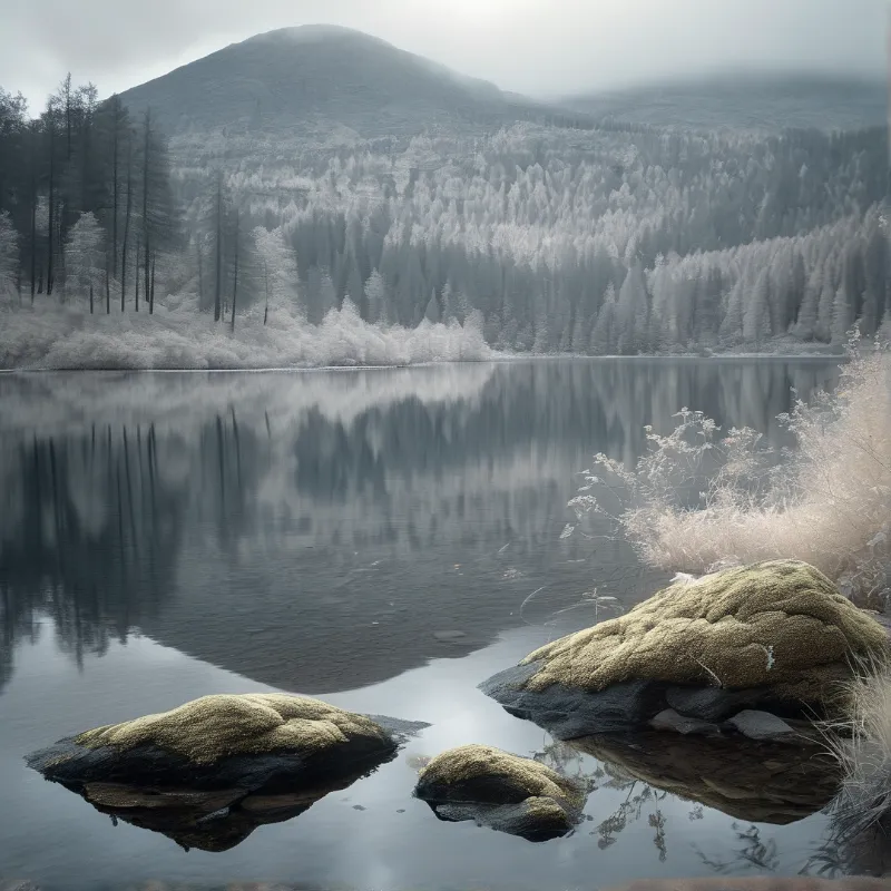Calm water mirrors tall trees and a large peak while moss covered boulders sit in the foreground.