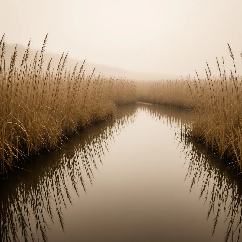 Misty River with Reeds