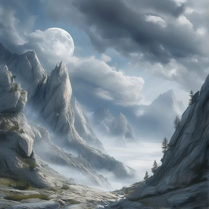 Jagged white mountain ranges rise through thick valley fog beneath a bright celestial orb and dark clouds.