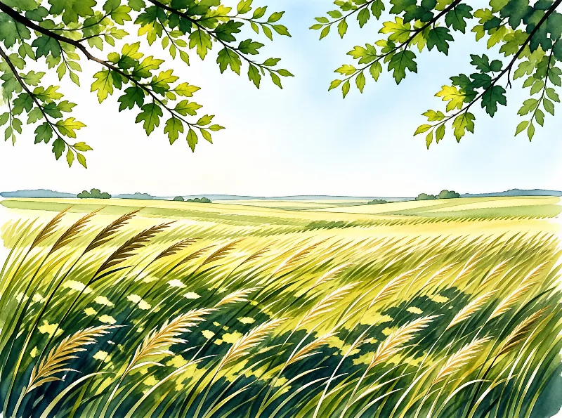 A watercolor painting shows a golden wheat field stretching toward distant hills framed by green leaves above.