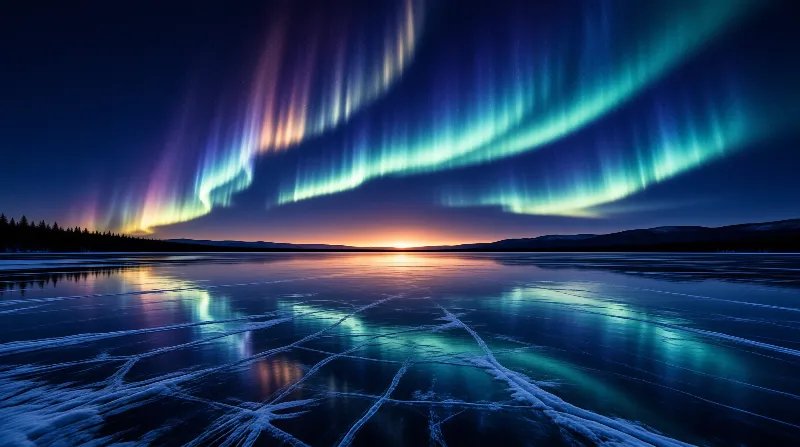 Frozen cracked lake sits at dusk with green and violet aurora above a glowing orange sunset horizon over low mountains.