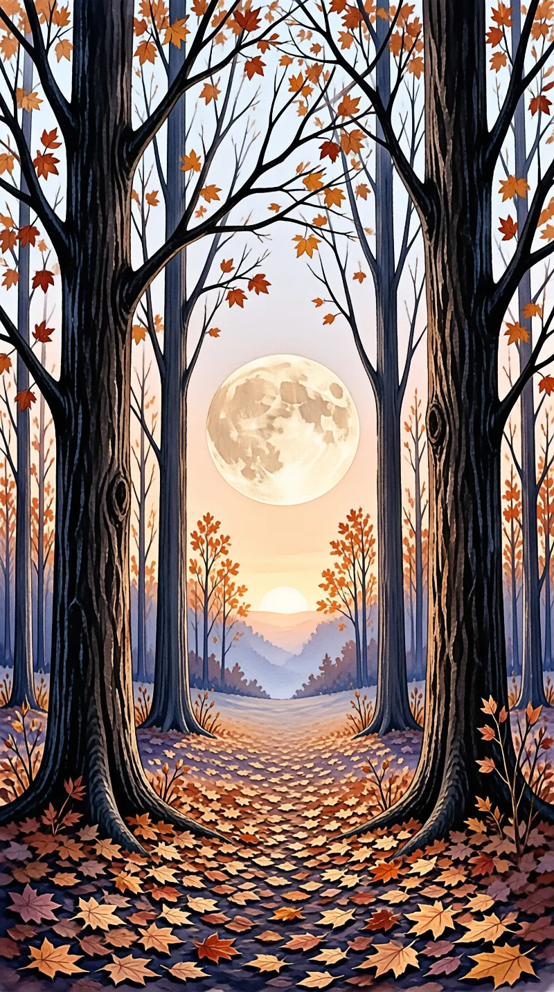 A large moon glows through an autumn forest with a path of fallen leaves.