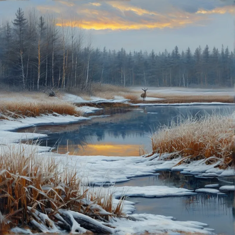 A lone deer stands on the far bank of a partially frozen stream amid golden reeds and a snowy forest beneath a sunset sky.