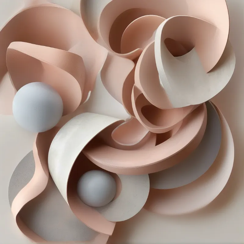Layered peach and cream paper cutouts curve around two smooth grey spheres in a soft abstract composition.