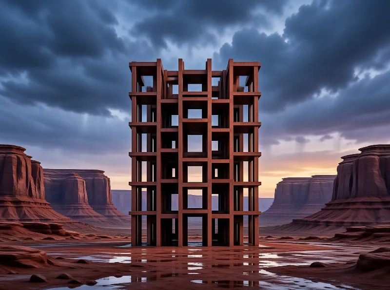 A tall, open-frame reddish structure stands in a wet desert, surrounded by rocky formations under a cloudy sky.