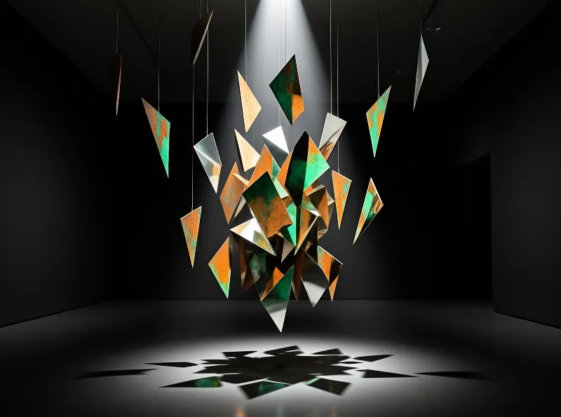 Colorful metallic triangles hang suspended in a dark room, lit by a spotlight that casts shadows on the floor.