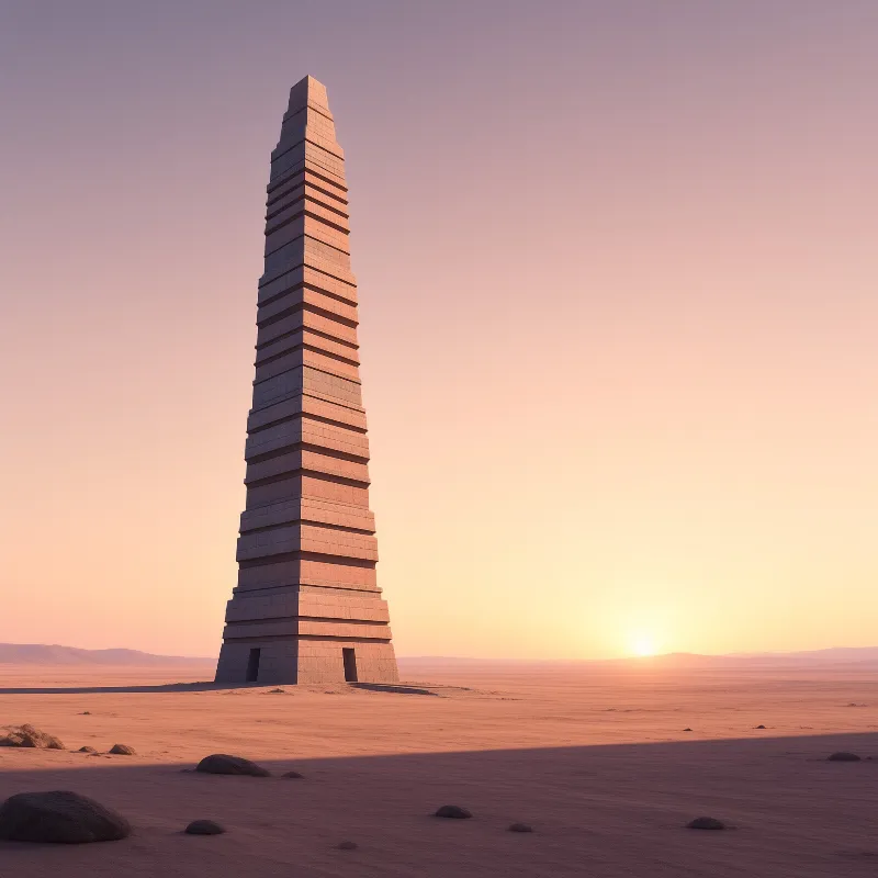 A massive stepped stone tower stands alone on a flat sandy plain under a glowing orange sky.