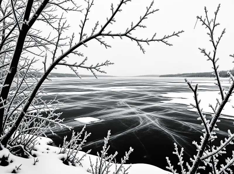A monochrome winter landscape photograph showing a vast frozen body of water covered in swirling ice cracks and ridges, framed by dark bare tree branches dusted with snow in the foreground against a distant treeline.