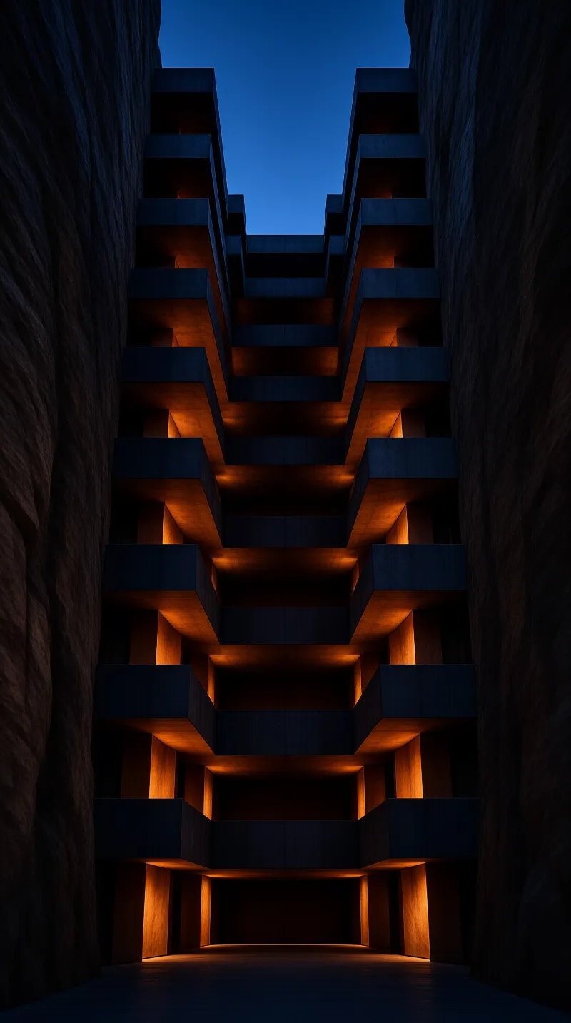 Repeating concrete terraces climb a narrow canyon like interior lit from within by warm amber light.