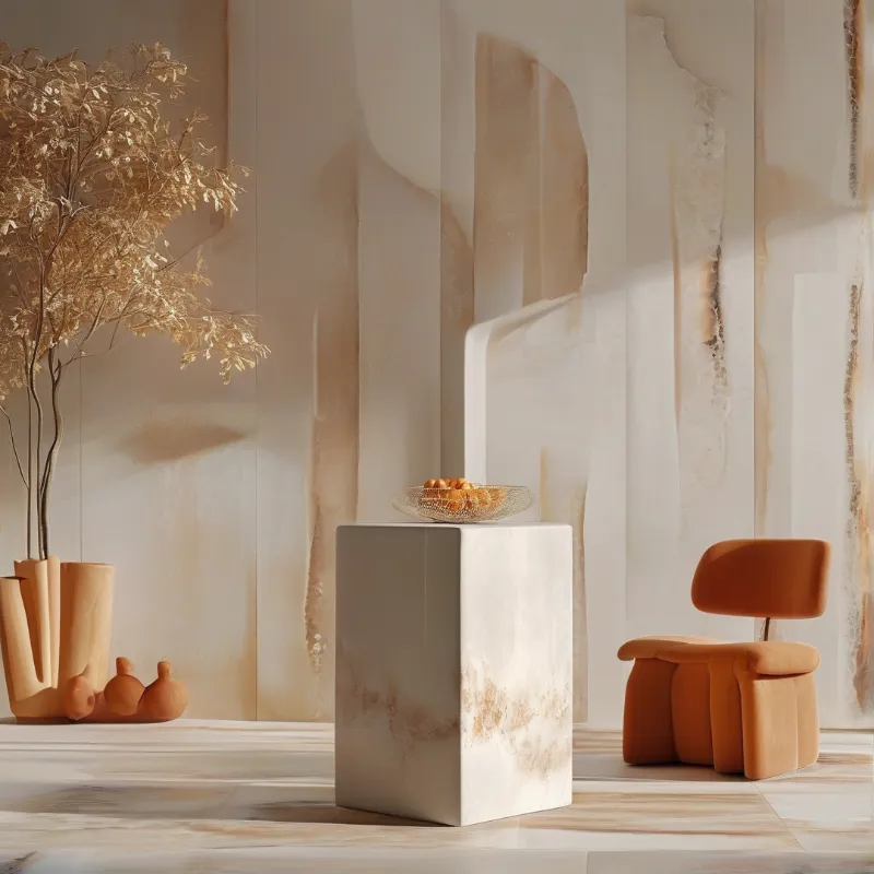 Interior featuring a stone pedestal with fruit near a sculptural chair in warm light.