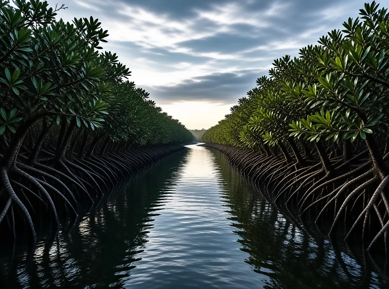 A symmetrical view of a waterway flanked by dense mangrove trees with visible roots under a cloudy sky.