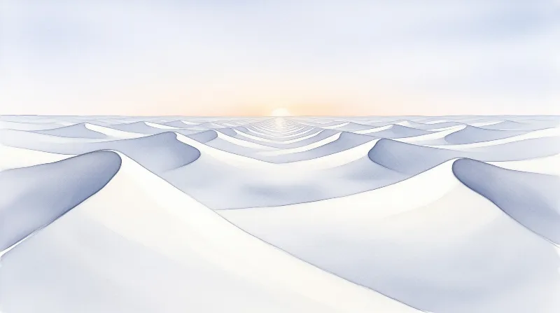 Pale white dunes stretch toward a glowing sun low on the horizon, casting soft blue shadows across the sand.