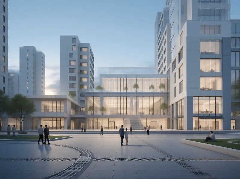 Modern Urban Plaza with Glass Buildings