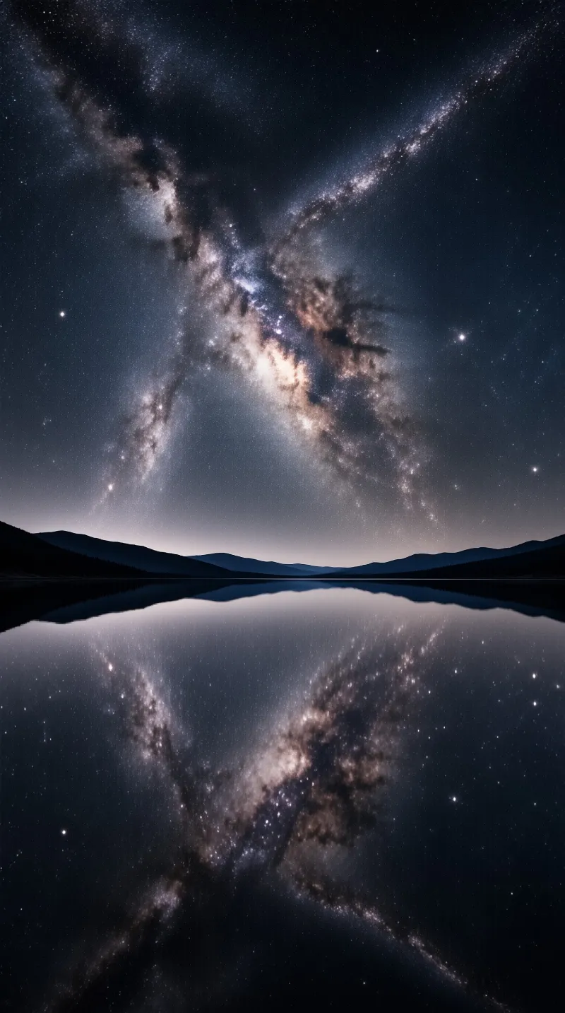 A vibrant Milky Way galaxy arches over a still lake surface that perfectly reflects the stars and cosmic dust against a backdrop of dark mountain ridges.