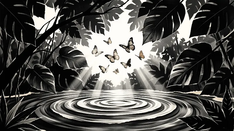 A flock of butterflies flies upward through a bright opening in a dense forest canopy framed by large dark leaves while concentric ripples spread across the water surface below in this high contrast monochrome artwork.