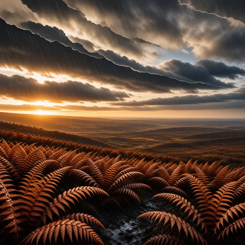 Copper colored fern fronds fill the foreground beneath a dramatic sky with rain and golden sunlight over distant hills.