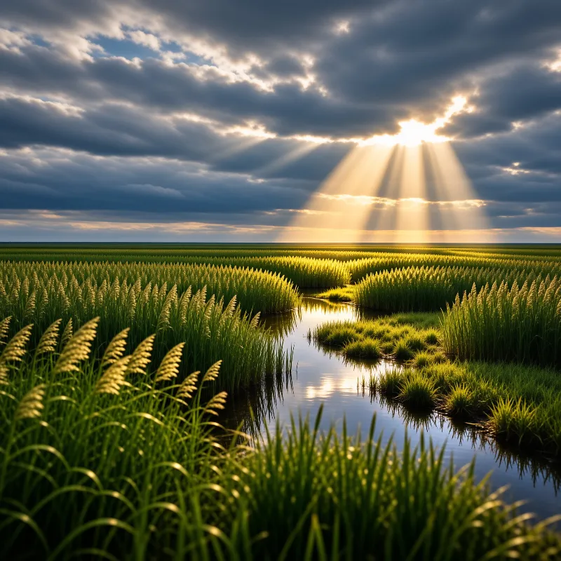 Bright sunbeams break through heavy clouds over a vast wetland with a meandering stream reflecting the light.