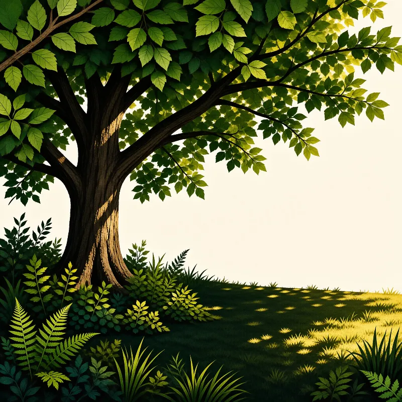 Sunlight filters through lush green leaves of a large deciduous tree standing on a sloping lawn, creating patterned shadows across the ground.