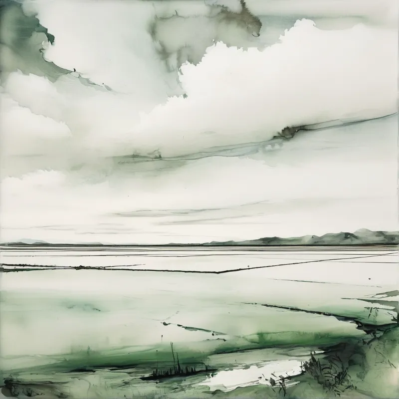 A green and white wash depicts a flat plain stretching to low hills beneath diffuse overcast light.