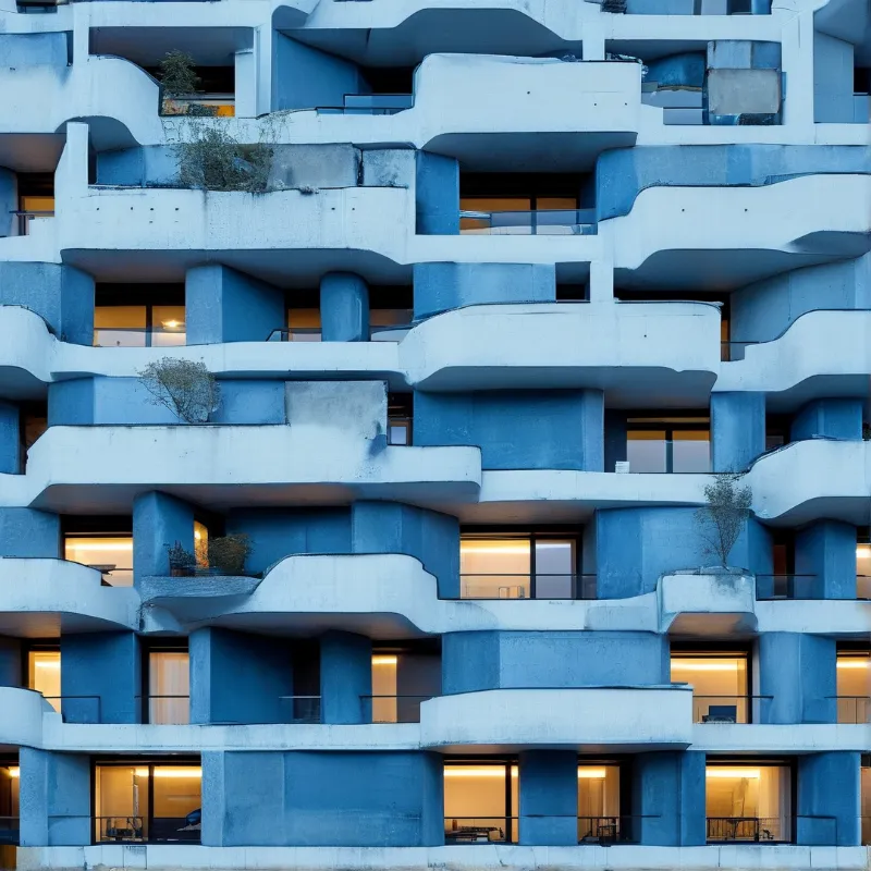 Curved concrete balconies feature blue shadows and glowing yellow windows.