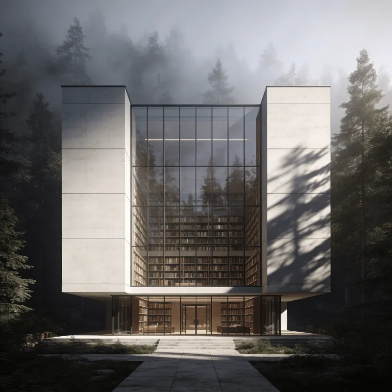 Library with Glass Curtain Wall — Misty Forest