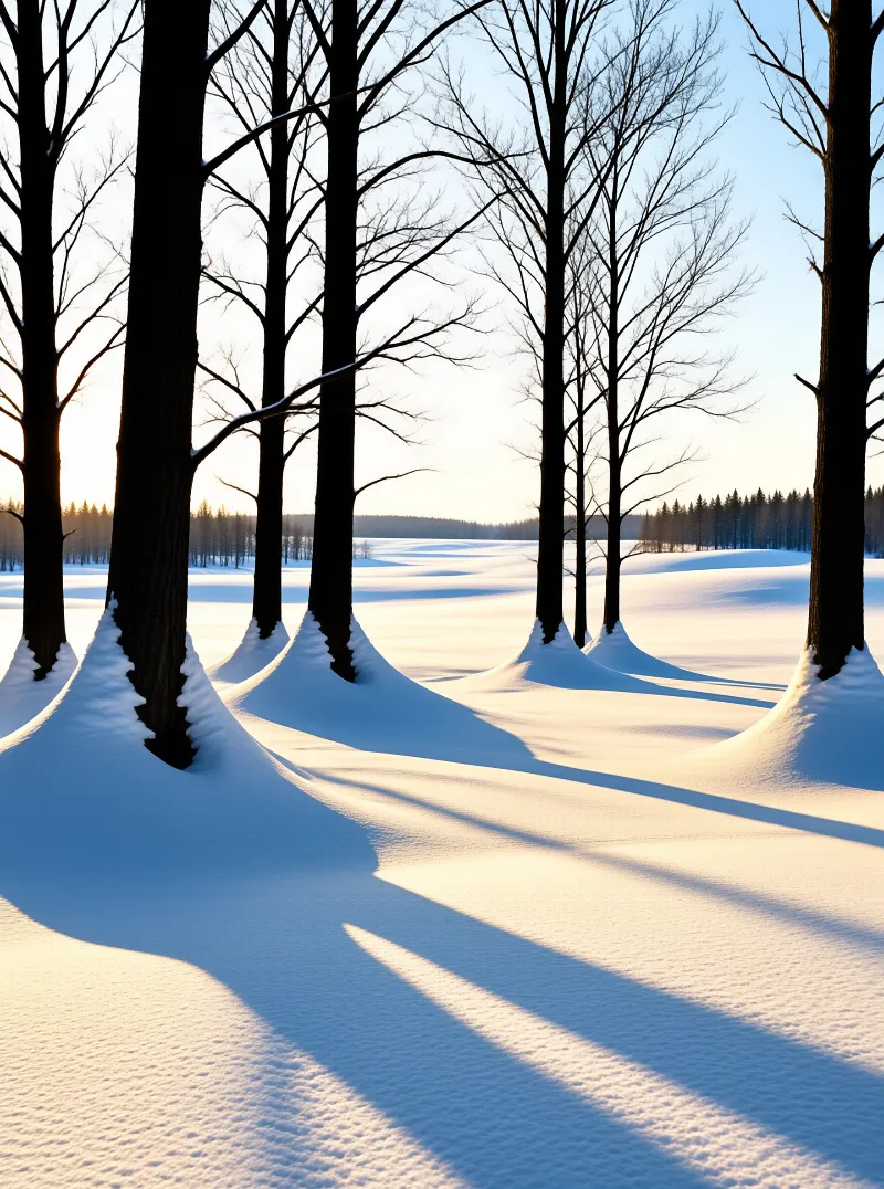 Bare winter trees stand in a snowy field with long shadows stretching across the white ground under a clear sky